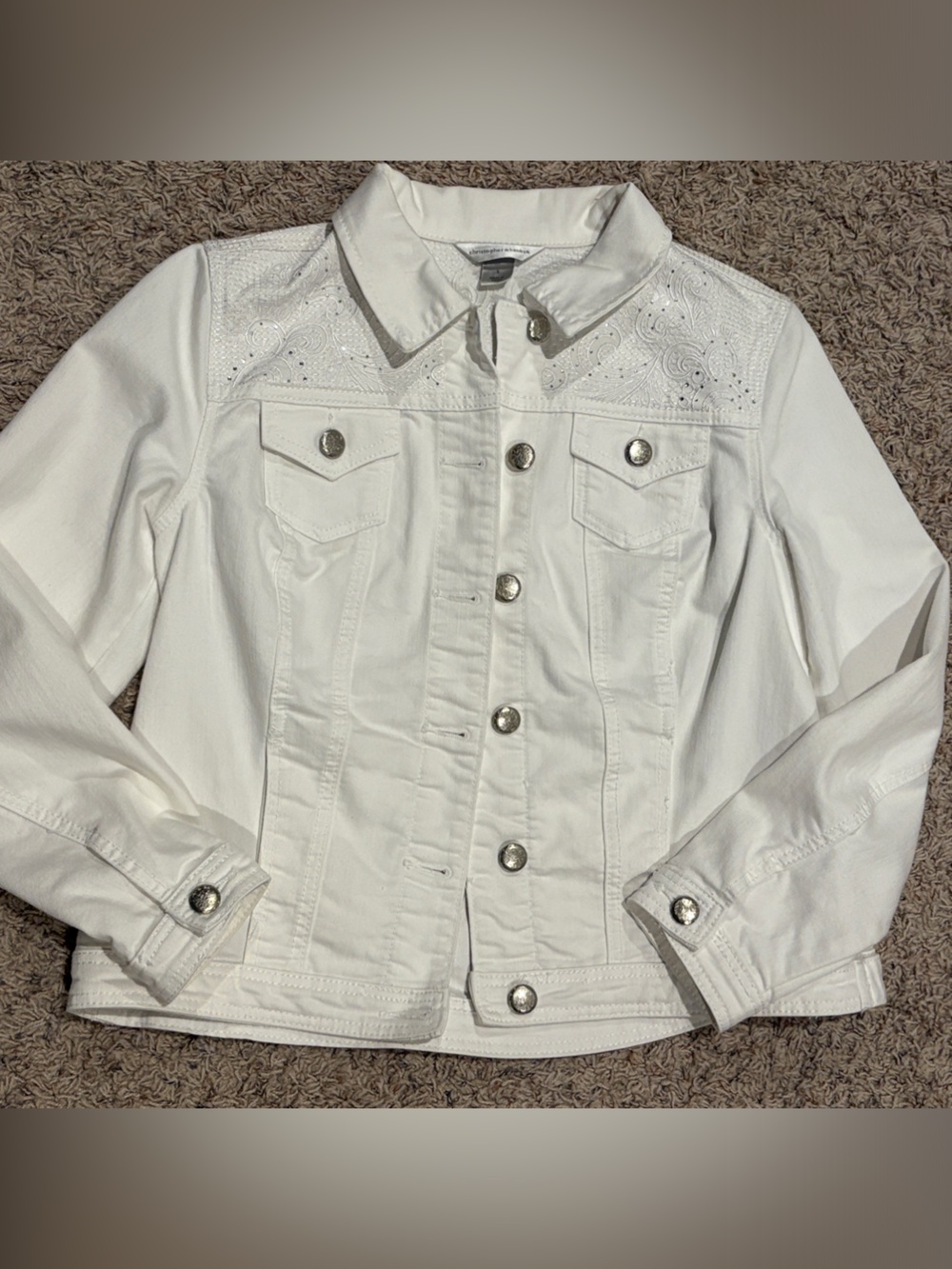 Christopher & Banks White Embroidered Denim Jacket with Silver Buttons - Picture 3 of 7